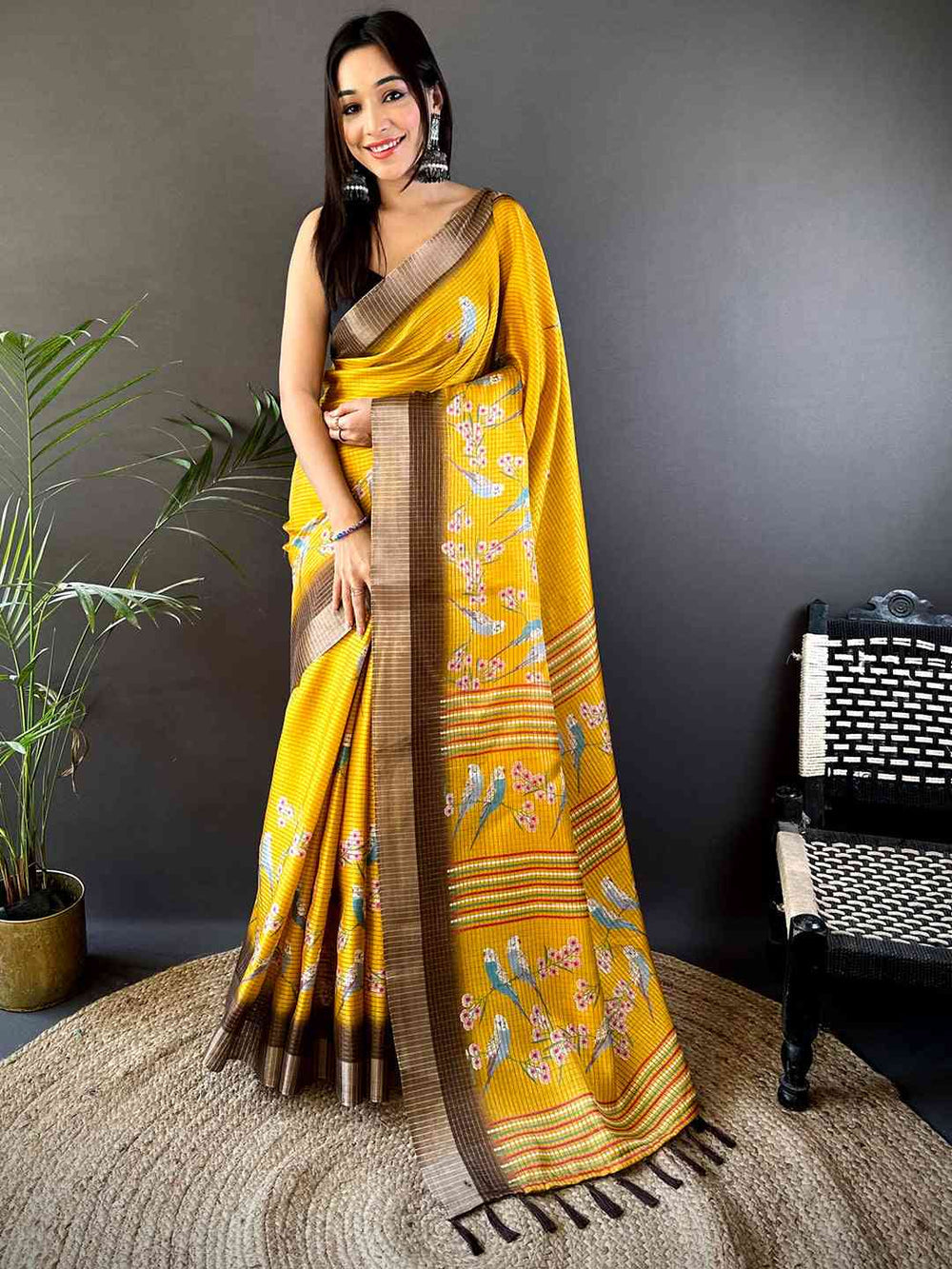 Mustard Yellow Silk Saree with Bird & Floral Print and Brown Border