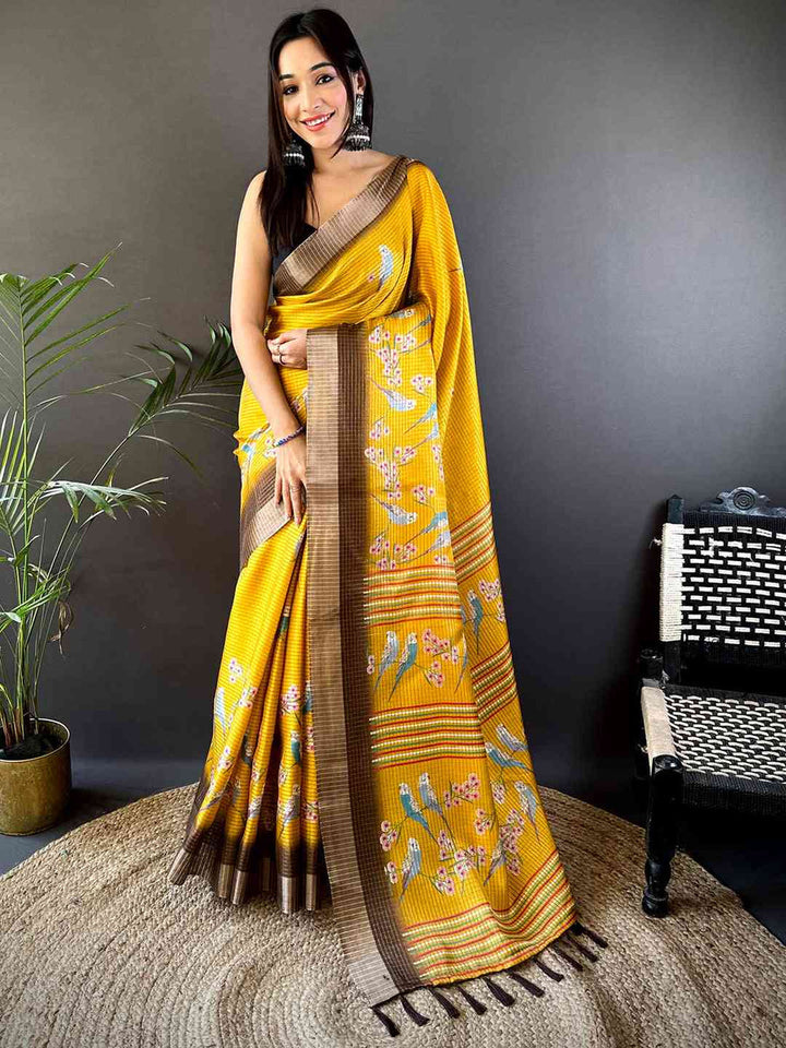 Mustard Yellow Silk Saree with Bird & Floral Print and Brown Border