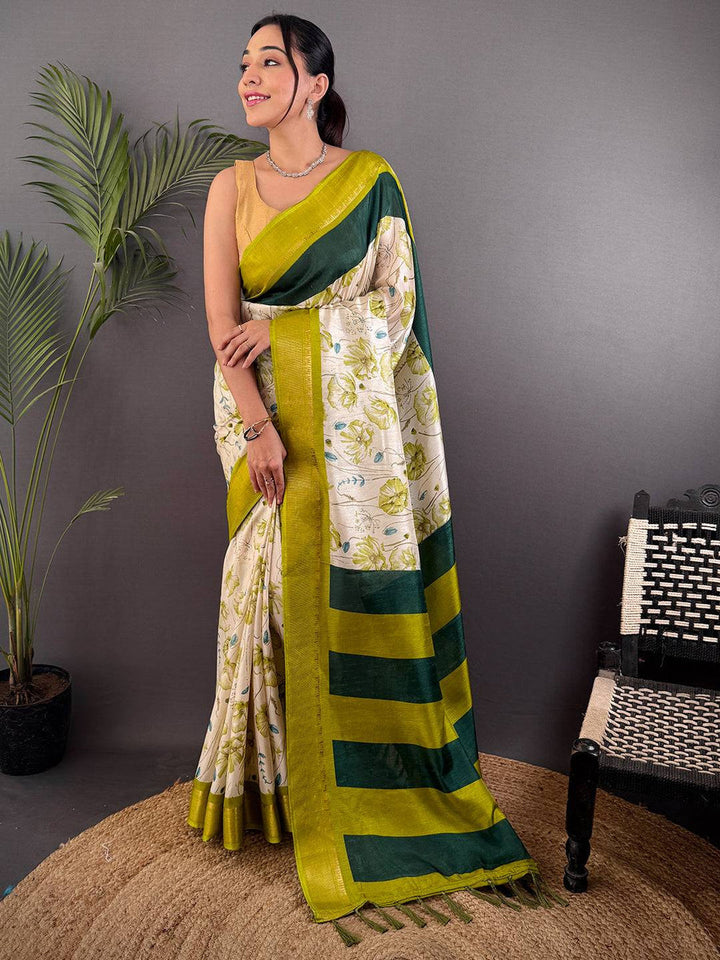 Green & Cream Silk Saree with Floral Print and Chevron Pallu