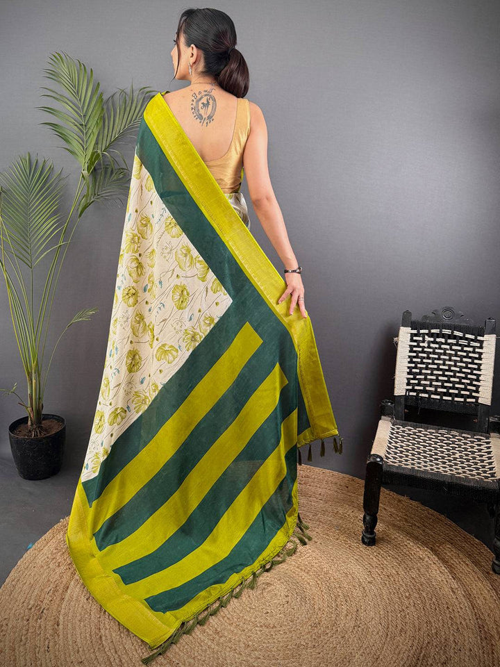 Green & Cream Silk Saree with Floral Print and Chevron Pallu