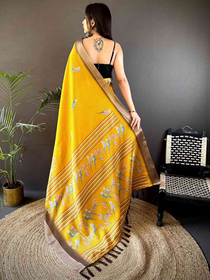 Mustard Yellow Silk Saree with Bird & Floral Print and Brown Border