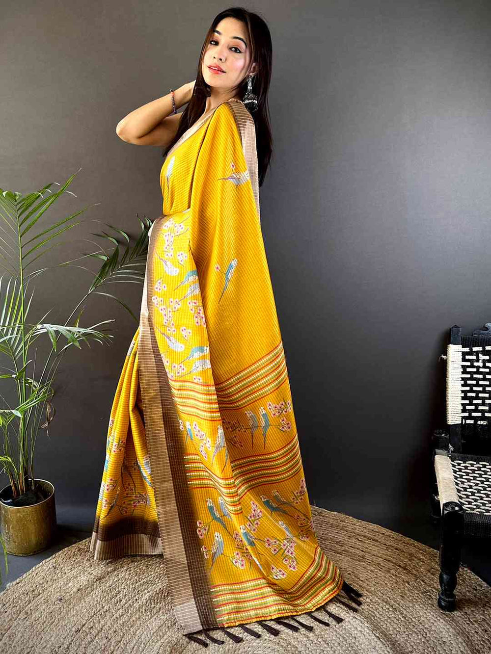 Mustard Yellow Silk Saree with Bird & Floral Print and Brown Border
