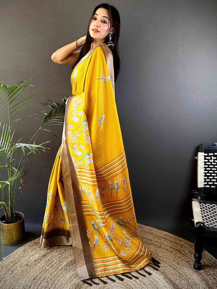 Mustard Yellow Silk Saree with Bird & Floral Print and Brown Border