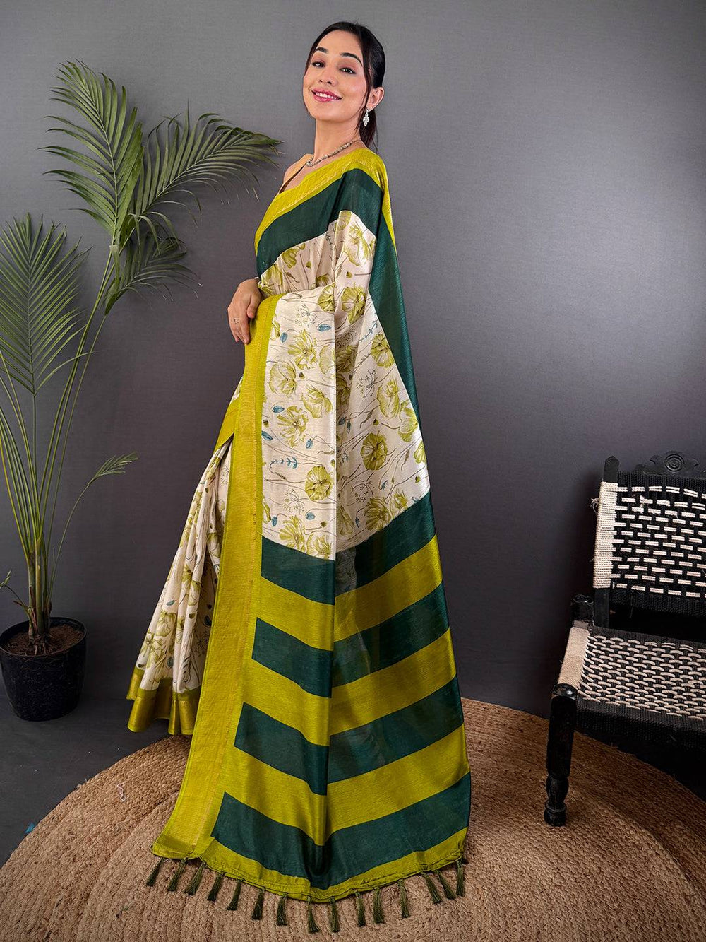 Green & Cream Silk Saree with Floral Print and Chevron Pallu