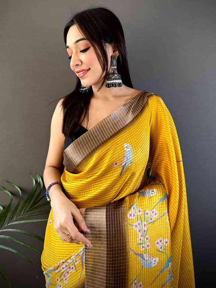 Mustard Yellow Silk Saree with Bird & Floral Print and Brown Border