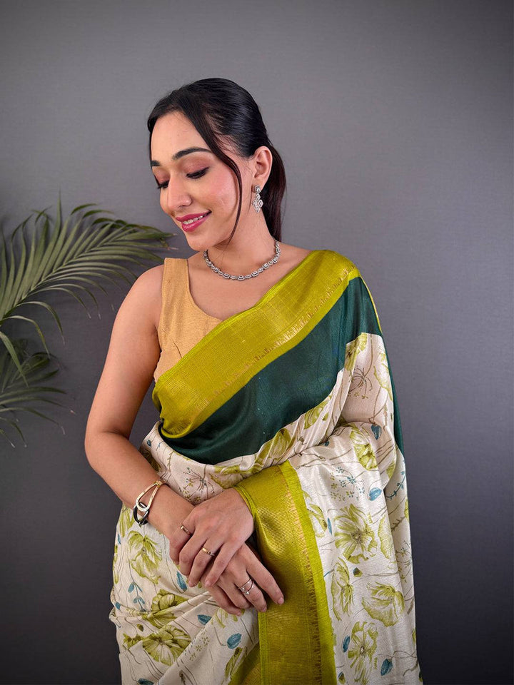 Green & Cream Silk Saree with Floral Print and Chevron Pallu