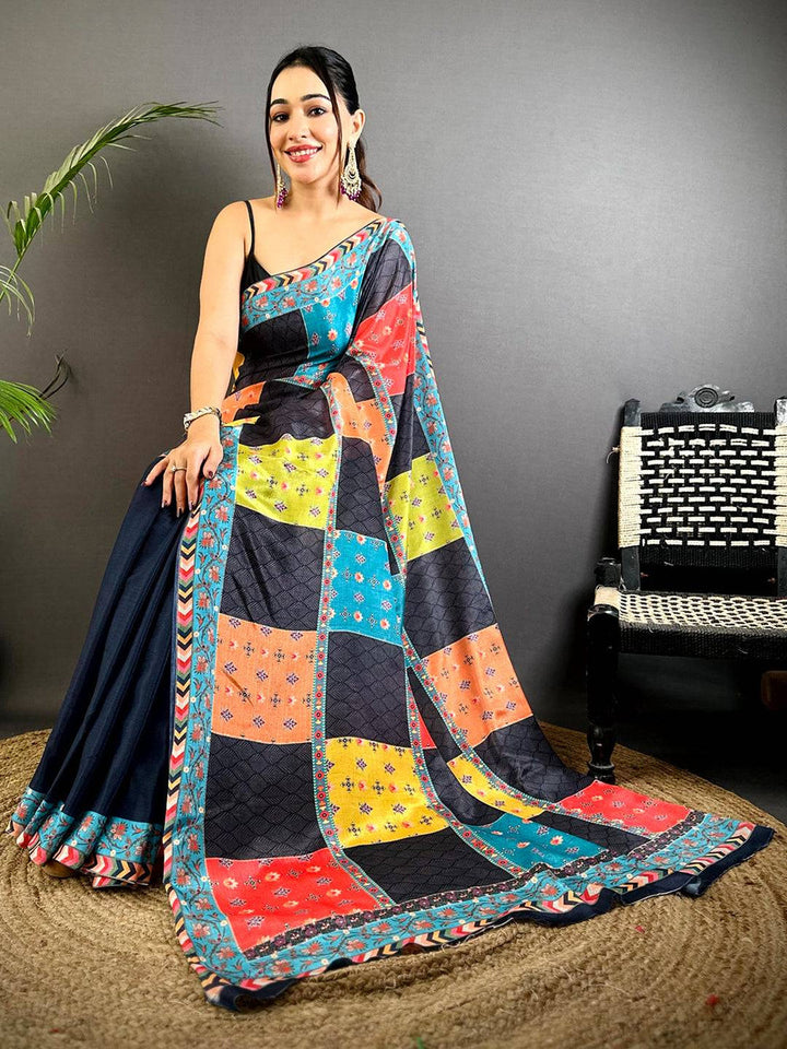 Multicolor Patchwork Printed Soft Silk Saree with Contrast Border
