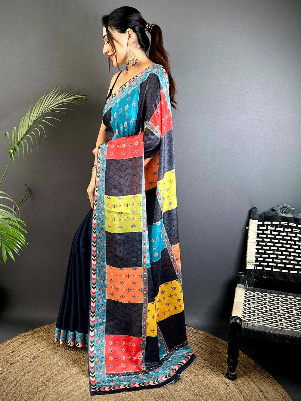 Multicolor Patchwork Printed Soft Silk Saree with Contrast Border