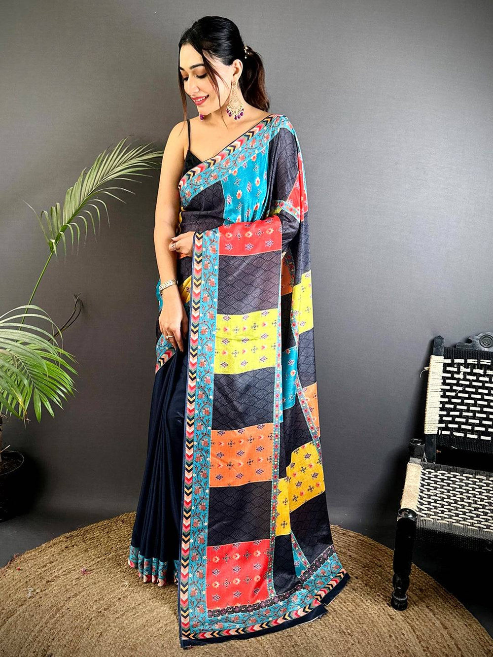 Multicolor Patchwork Printed Soft Silk Saree with Contrast Border