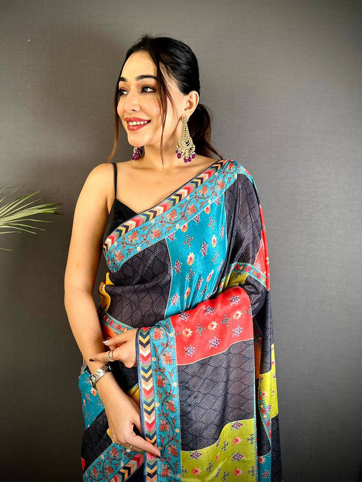Multicolor Patchwork Printed Soft Silk Saree with Contrast Border