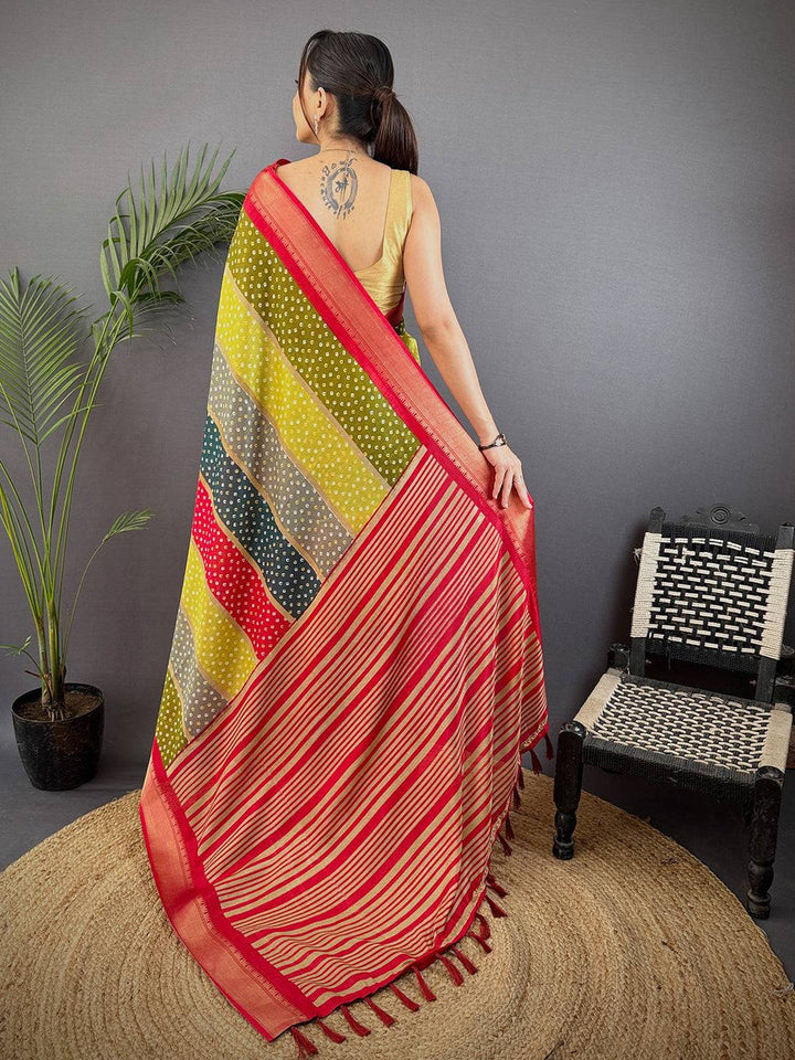 Multicolor Bandhej Silk Saree with Red Zari Border