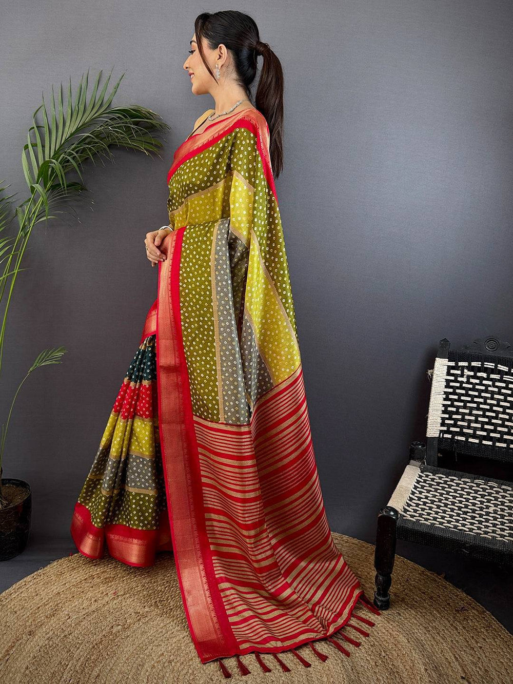 Multicolor Bandhej Silk Saree with Red Zari Border