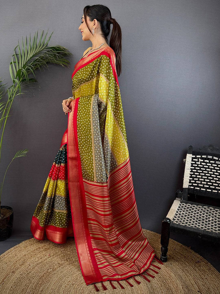Multicolor Bandhej Silk Saree with Red Zari Border
