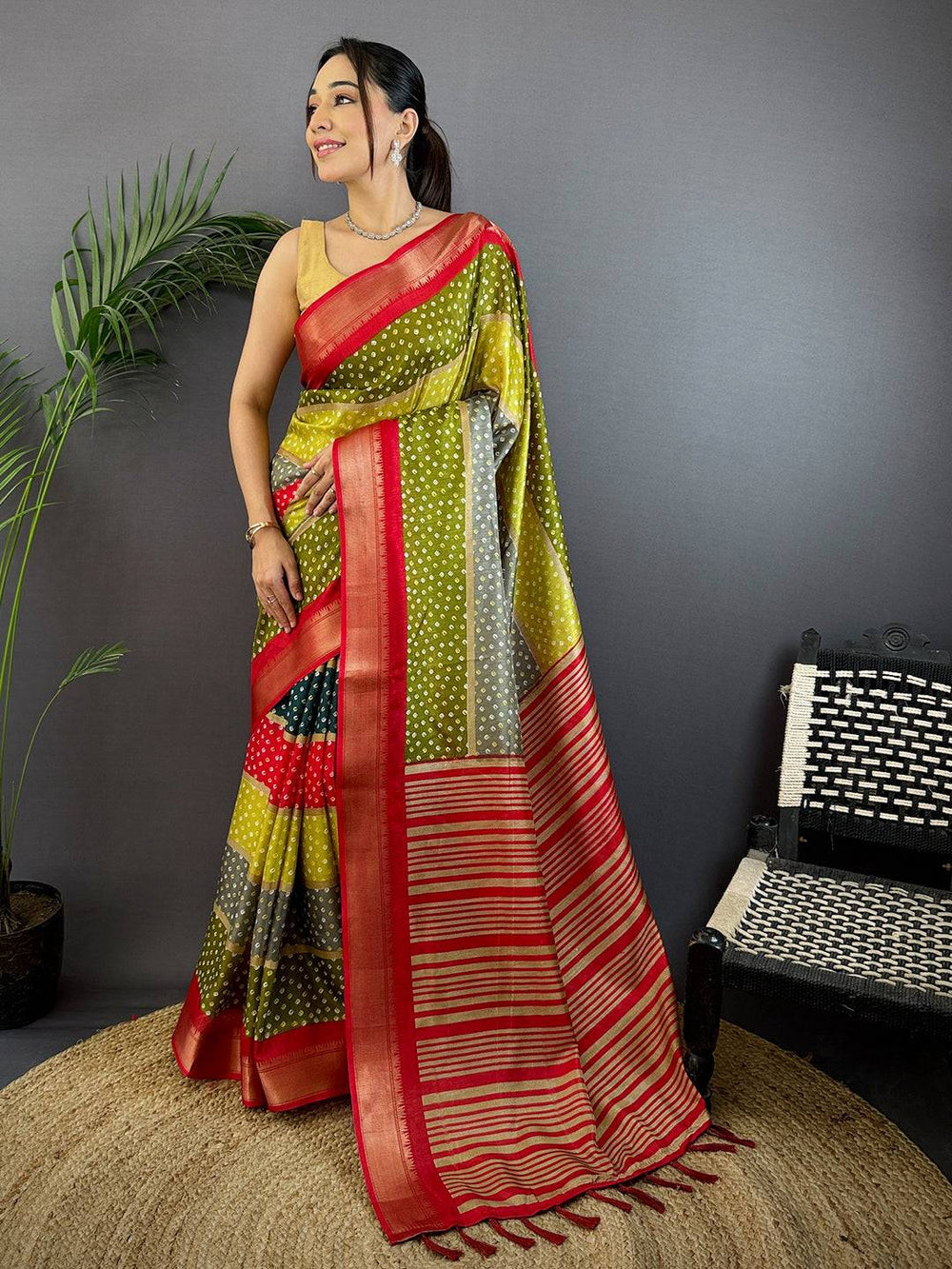 Multicolor Bandhej Silk Saree with Red Zari Border