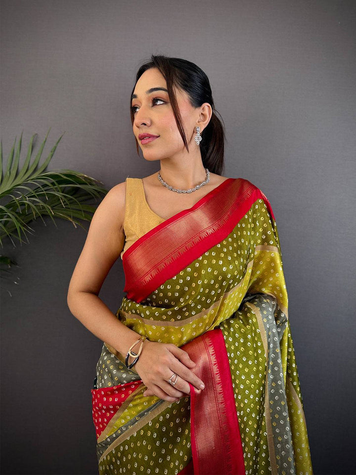 Multicolor Bandhej Silk Saree with Red Zari Border