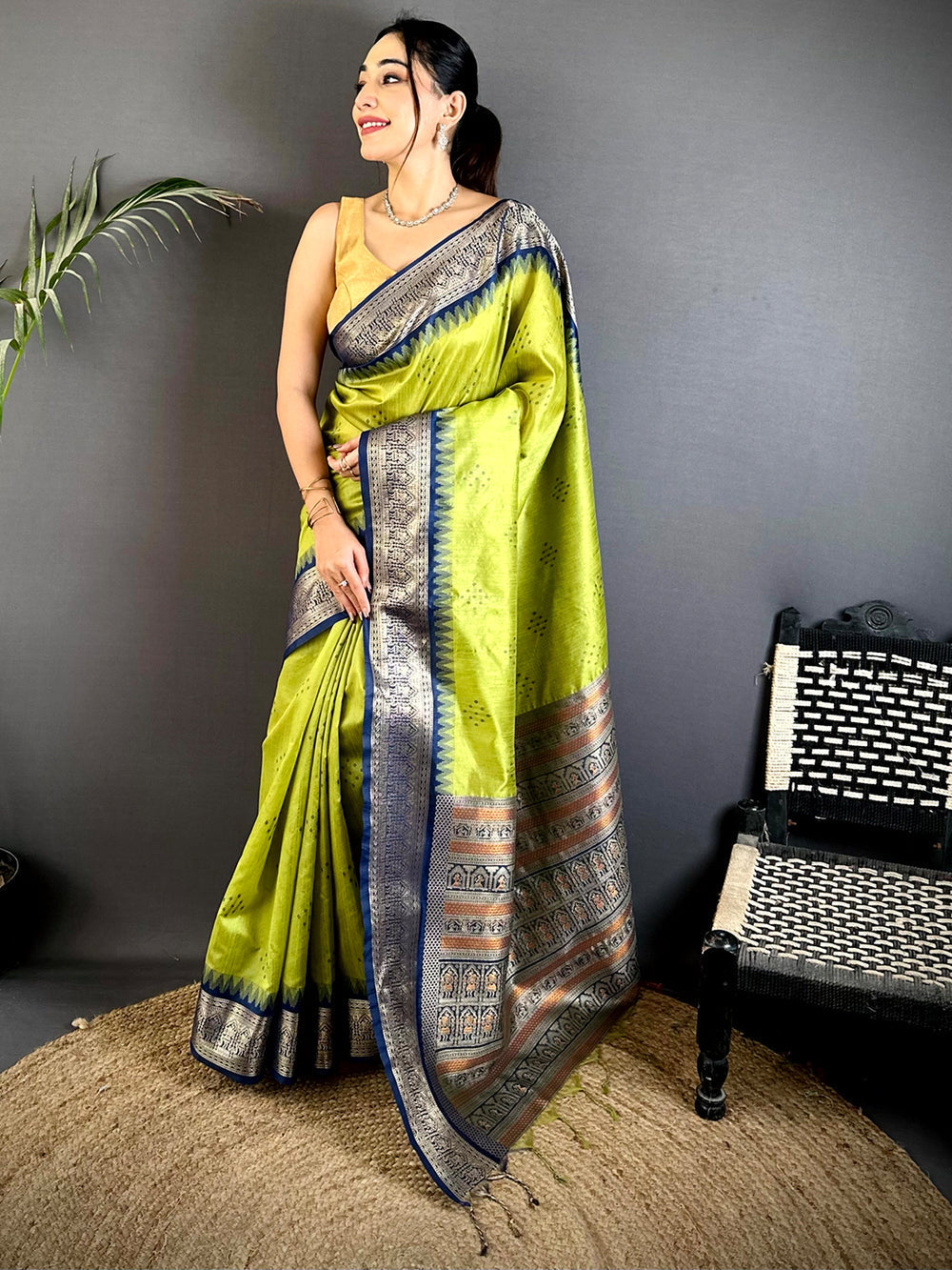 Lime Green Soft Silk Saree with Silver Blue Zari Border & Temple Design Pallu