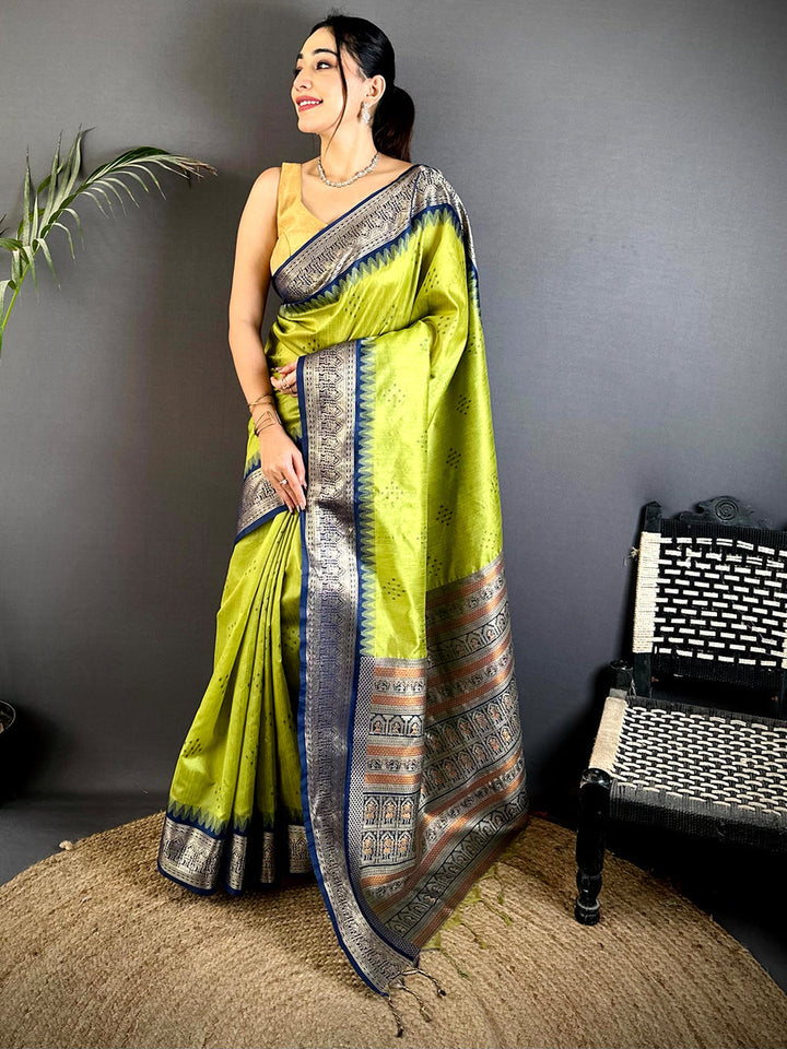 Lime Green Soft Silk Saree with Silver Blue Zari Border & Temple Design Pallu