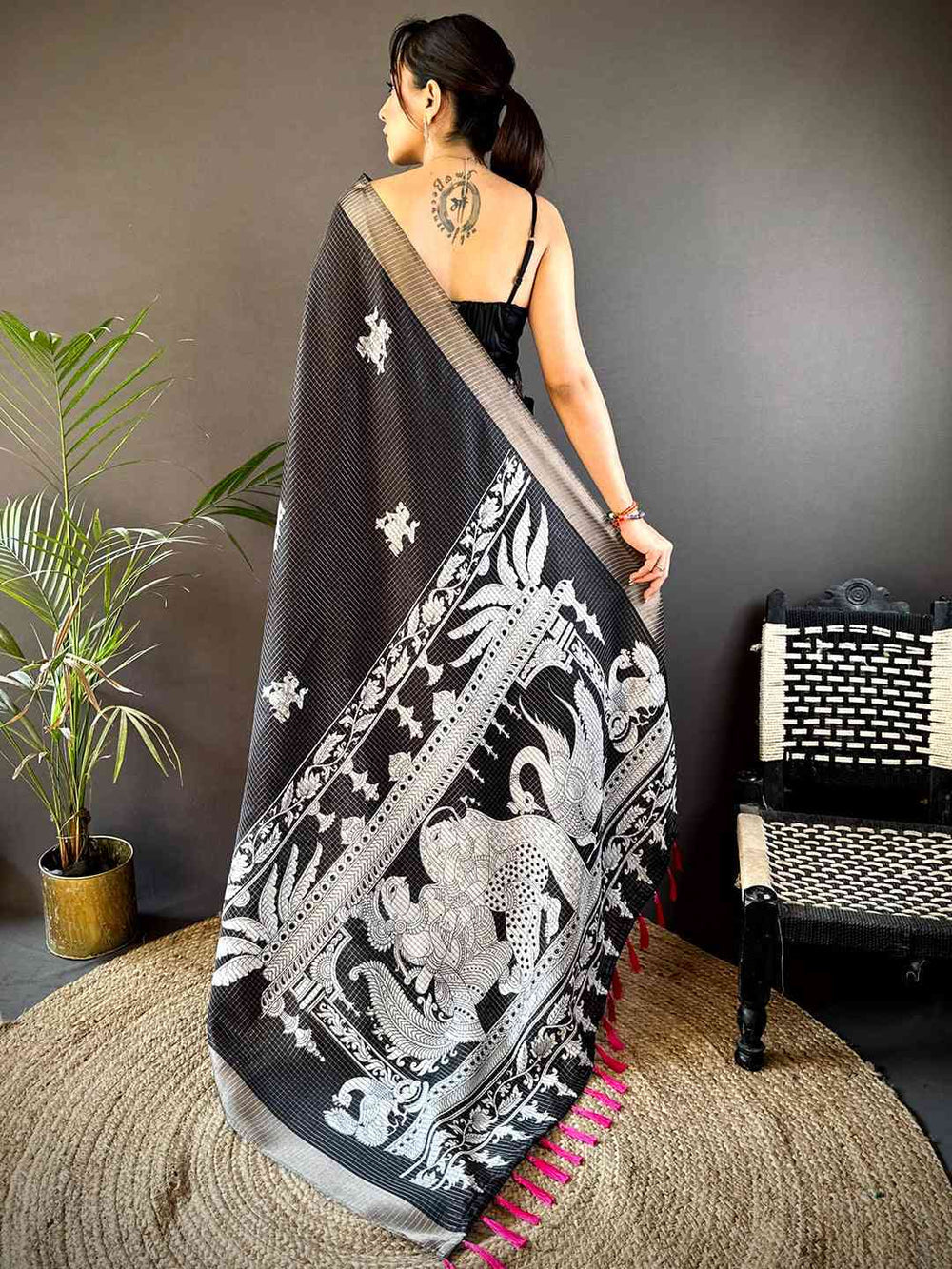 Black & White Soft Silk Saree with Intricate Temple Motif Print and Silver Zari Border