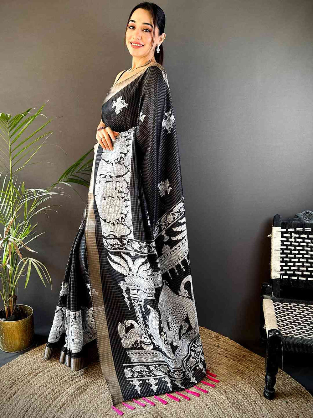 Black & White Soft Silk Saree with Intricate Temple Motif Print and Silver Zari Border