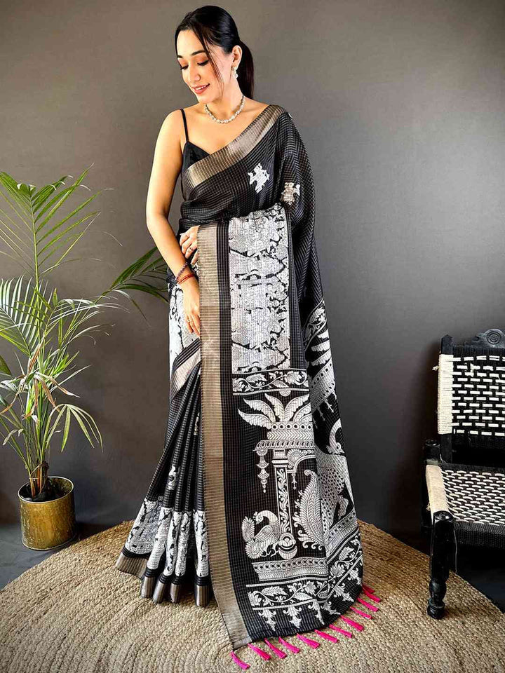 Black & White Soft Silk Saree with Intricate Temple Motif Print and Silver Zari Border