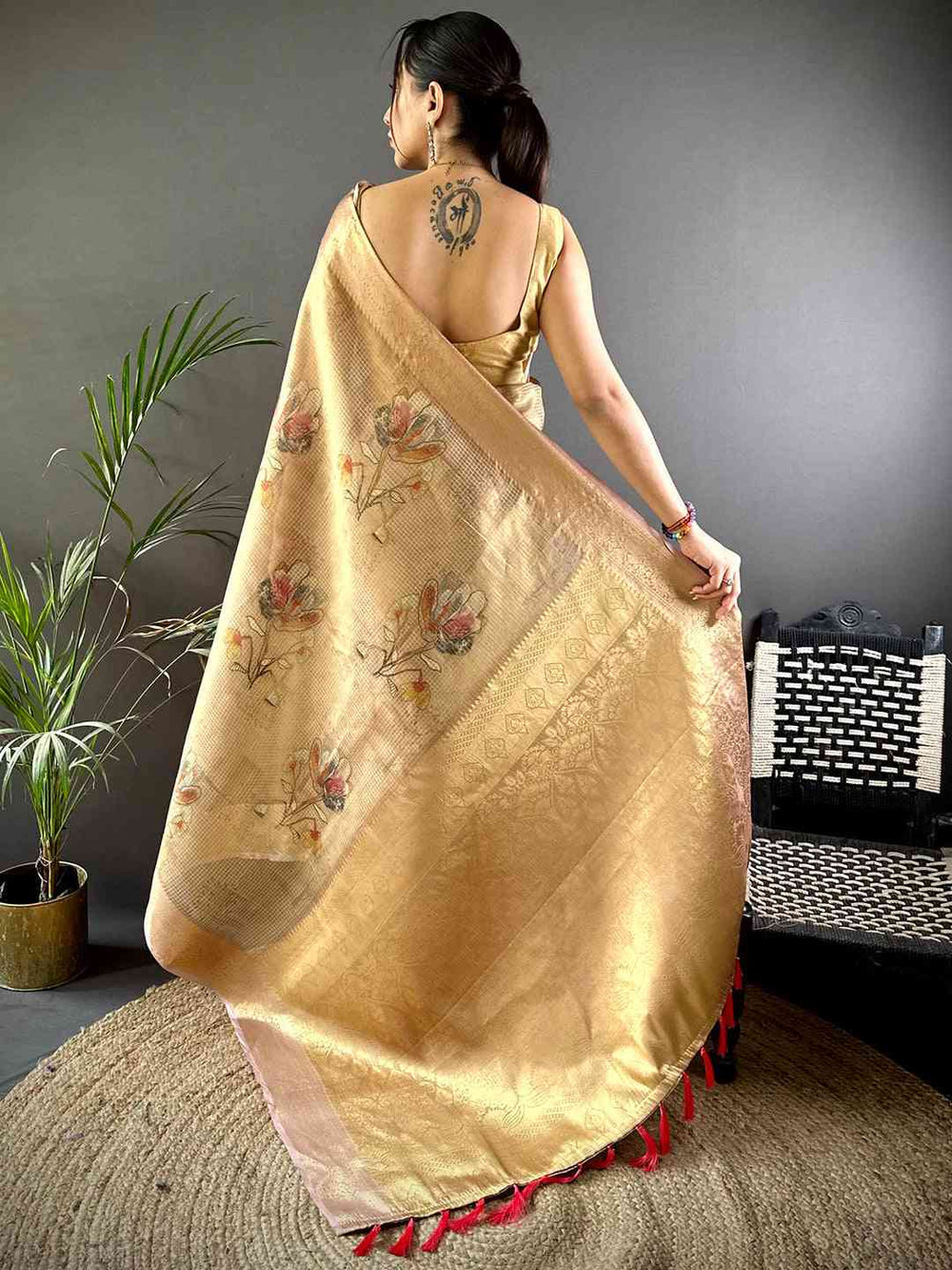 Golden Soft Silk Saree with Subtle Floral Print & Rich Zari Weaving