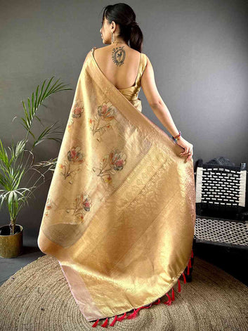 Golden Soft Silk Saree with Subtle Floral Print & Rich Zari Weaving