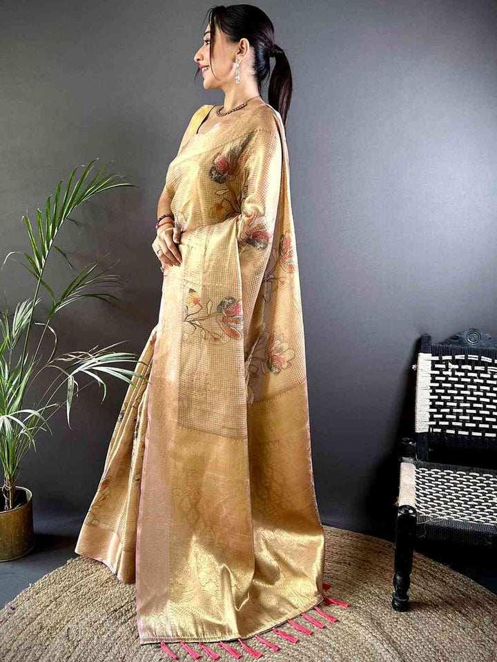 Golden Soft Silk Saree with Subtle Floral Print & Rich Zari Weaving