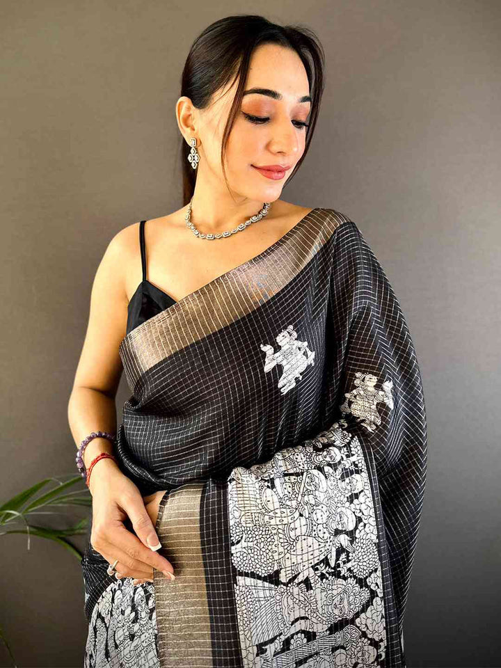 Black & White Soft Silk Saree with Intricate Temple Motif Print and Silver Zari Border