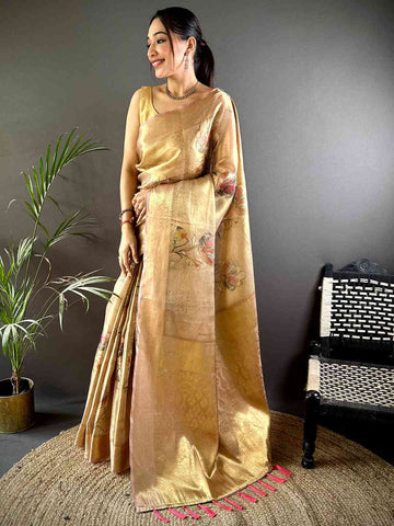 Golden Soft Silk Saree with Subtle Floral Print & Rich Zari Weaving