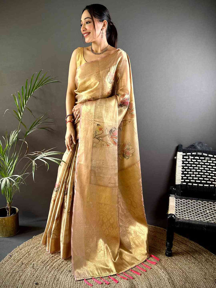 Golden Soft Silk Saree with Subtle Floral Print & Rich Zari Weaving