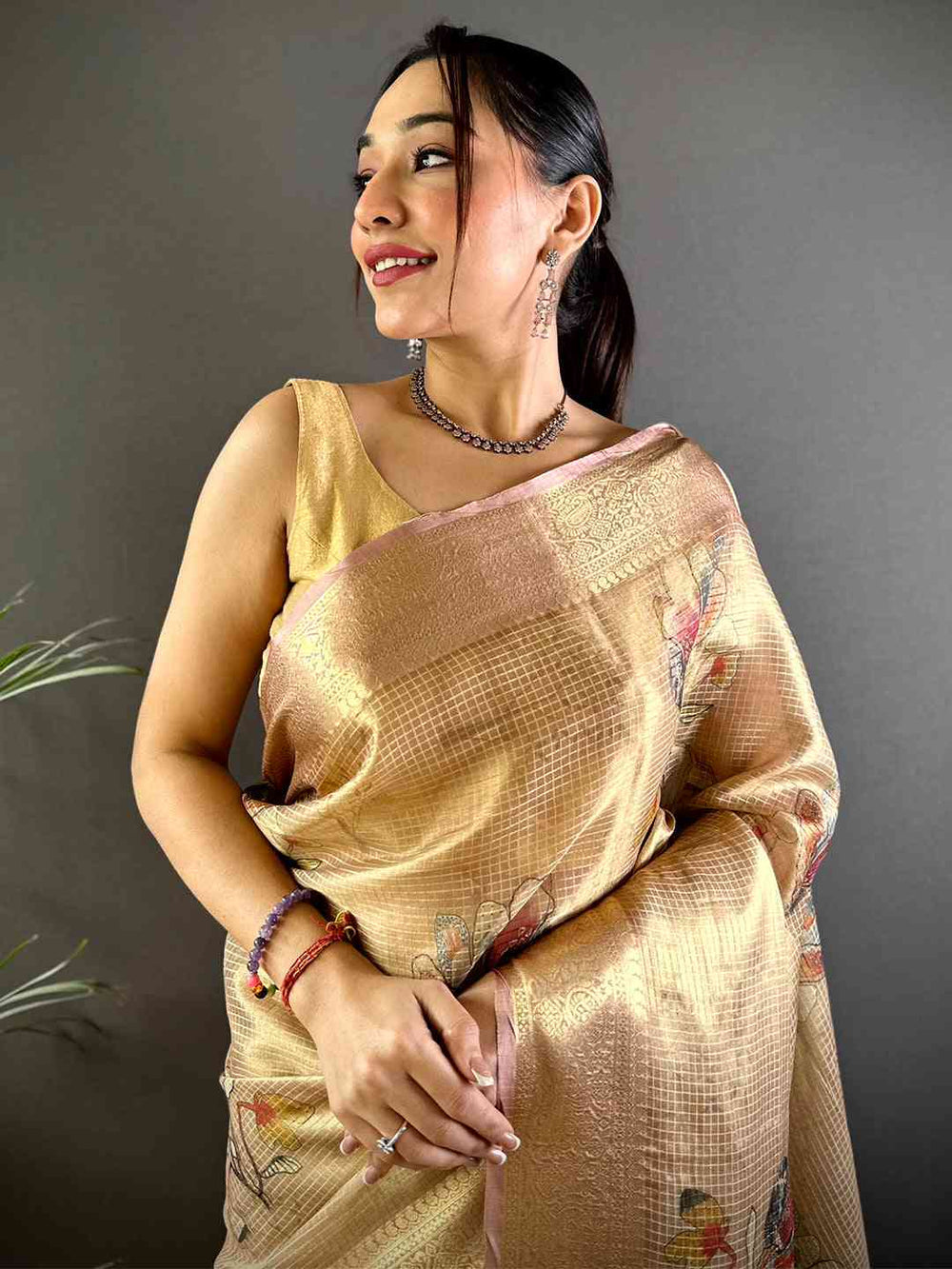 Golden Soft Silk Saree with Subtle Floral Print & Rich Zari Weaving