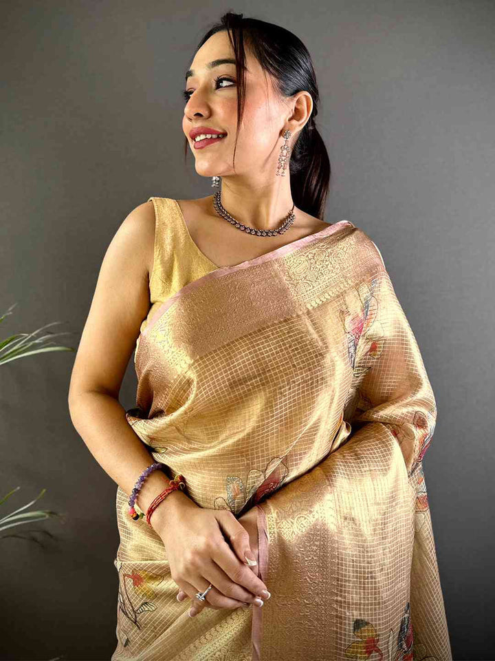 Golden Soft Silk Saree with Subtle Floral Print & Rich Zari Weaving