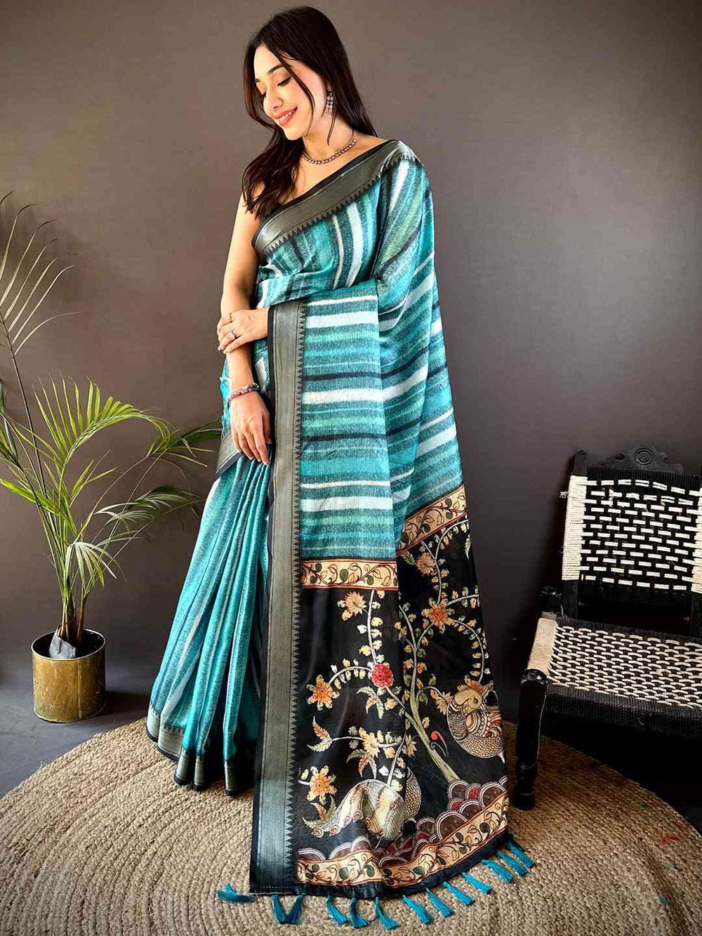 Teal Striped Soft Silk Saree with Black Designer Woven Pallu & Tassels