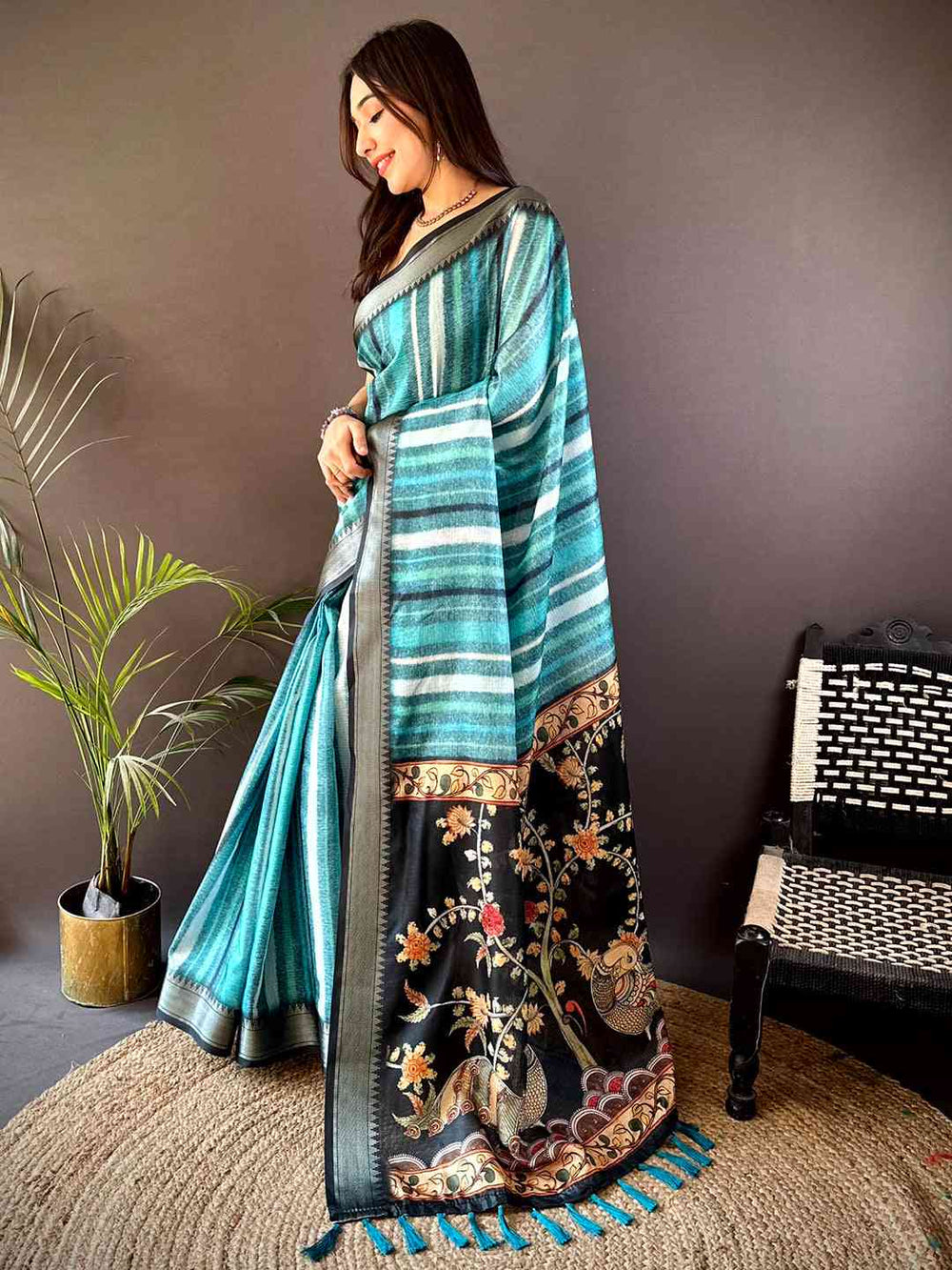 Teal Striped Soft Silk Saree with Black Designer Woven Pallu & Tassels