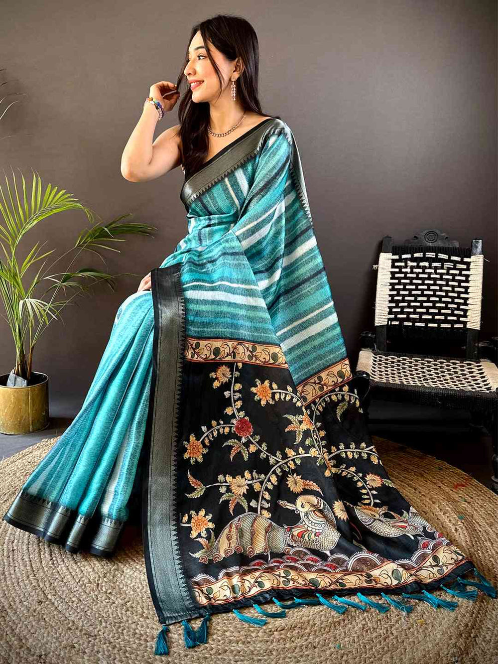 Teal Striped Soft Silk Saree with Black Designer Woven Pallu & Tassels