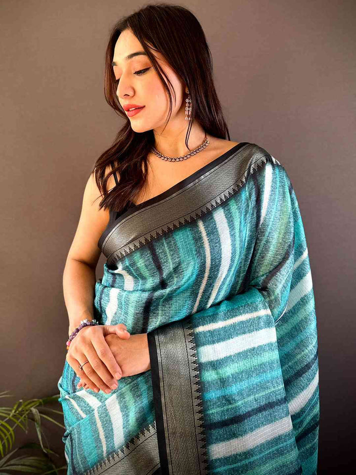 Teal Striped Soft Silk Saree with Black Designer Woven Pallu & Tassels