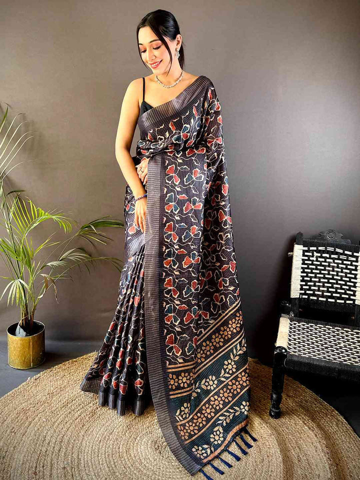 Black Multicolor Printed Soft Silk Saree with Floral Design & Contrast Woven Pallu