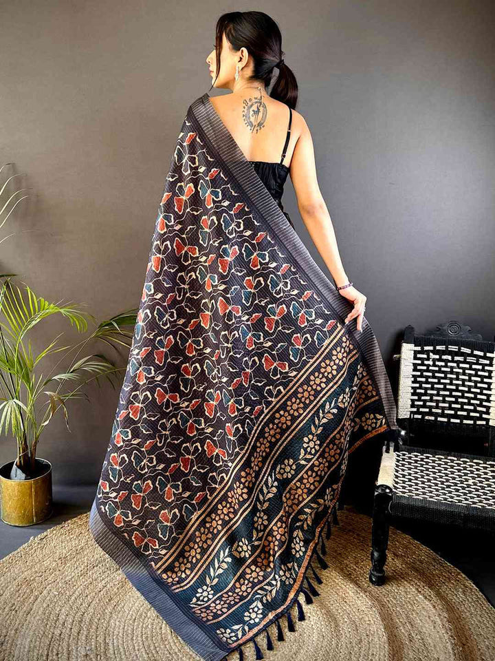 Black Multicolor Printed Soft Silk Saree with Floral Design & Contrast Woven Pallu