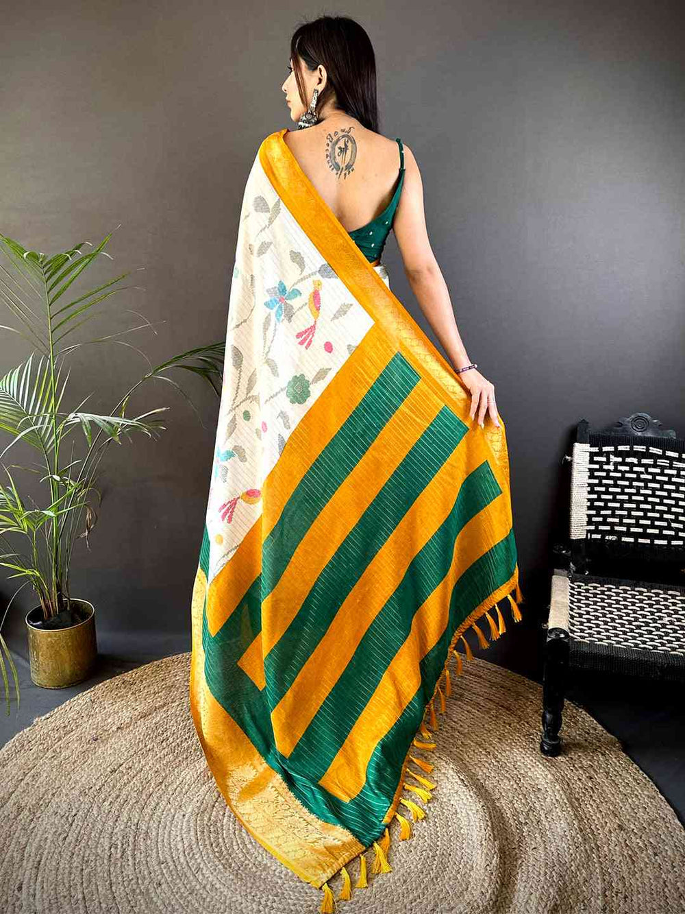 White Printed Soft Silk Saree with Yellow & Green Contrast Border and Striped Pallu