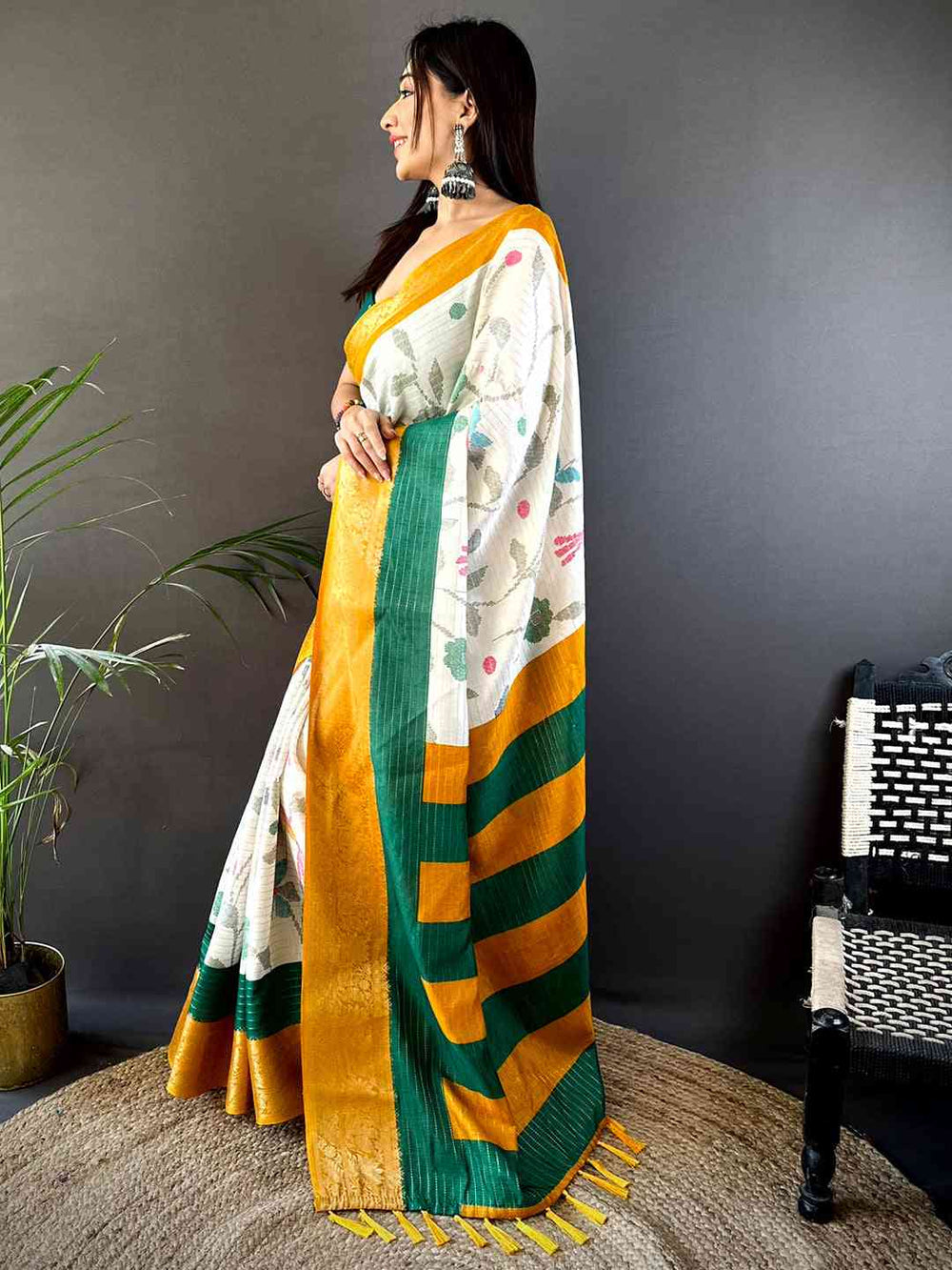 White Printed Soft Silk Saree with Yellow & Green Contrast Border and Striped Pallu