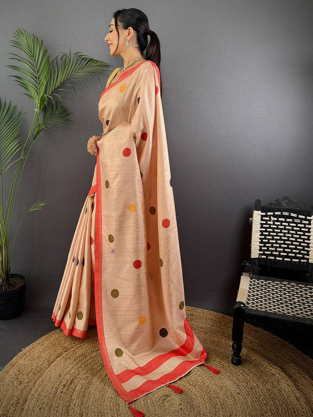 Peach Soft Silk Saree with Multicolor Polka Dots & Contrast Red Border