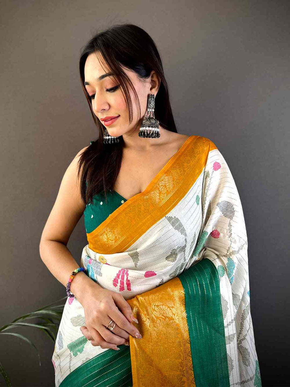 White Printed Soft Silk Saree with Yellow & Green Contrast Border and Striped Pallu