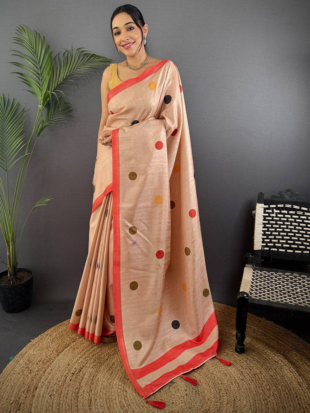 Peach Soft Silk Saree with Multicolor Polka Dots & Contrast Red Border