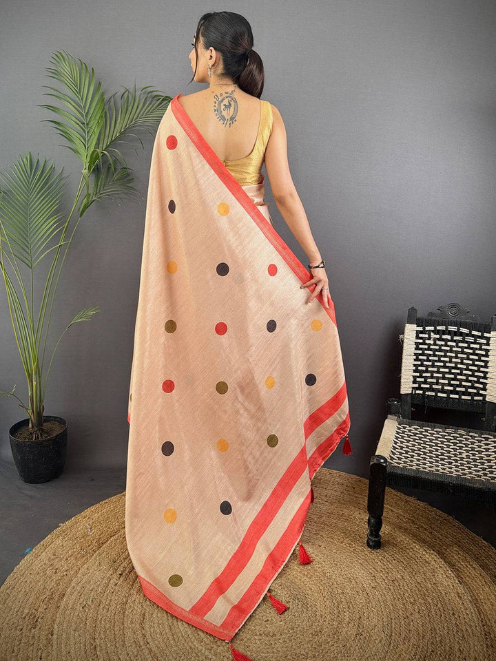 Peach Soft Silk Saree with Multicolor Polka Dots & Contrast Red Border