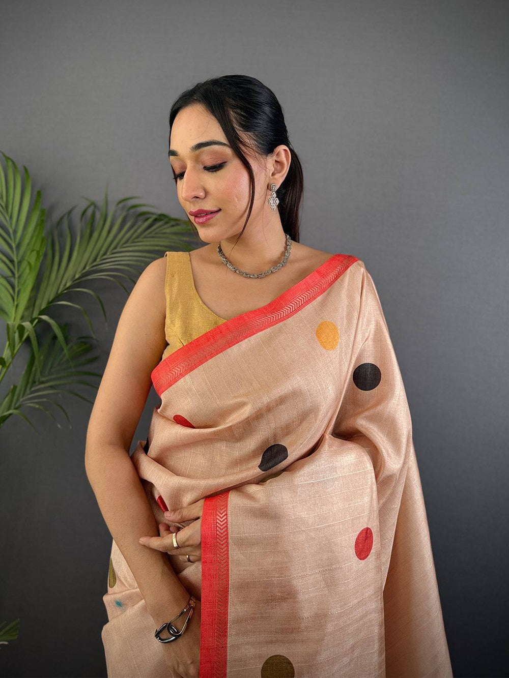 Peach Soft Silk Saree with Multicolor Polka Dots & Contrast Red Border