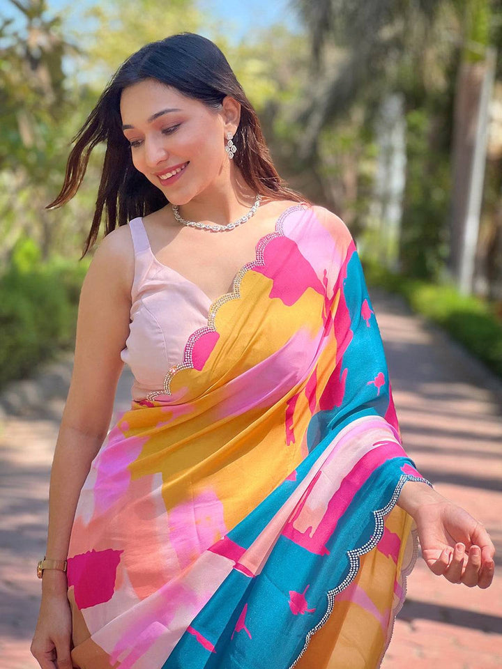 Multicolor Abstract Printed Georgette Saree with Scallop Border