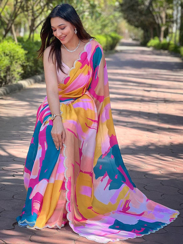 Multicolor Abstract Printed Georgette Saree with Scallop Border
