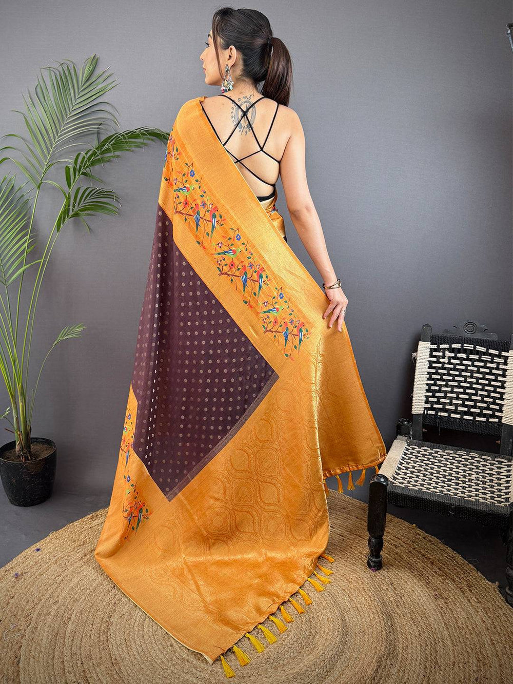 Mustard Soft Silk Saree with Floral Weaving & Contrast Brown Polka Dot Pallu