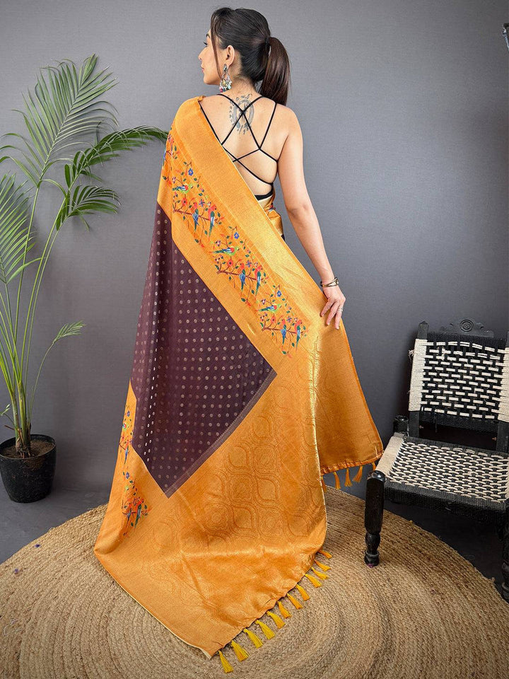Mustard Soft Silk Saree with Floral Weaving & Contrast Brown Polka Dot Pallu