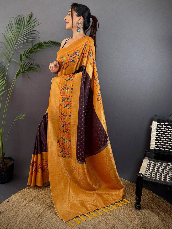 Mustard Soft Silk Saree with Floral Weaving & Contrast Brown Polka Dot Pallu
